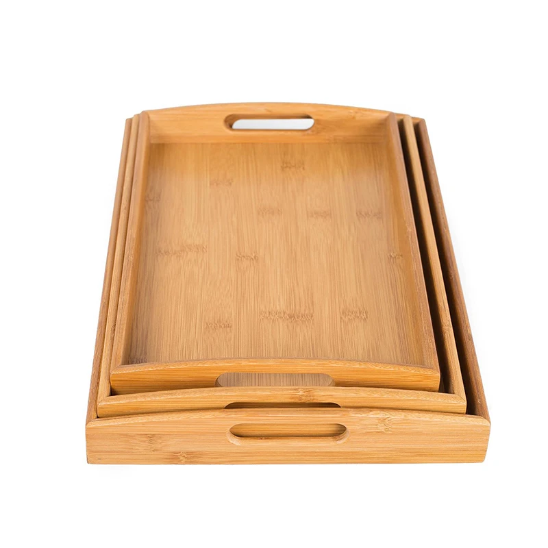 Wholesale Eco-Friendly Set of 3 Bamboo Serving Trays with Handles for Breakfast Coffee Table Ottoman Kitchen Bedroom & Desk Use