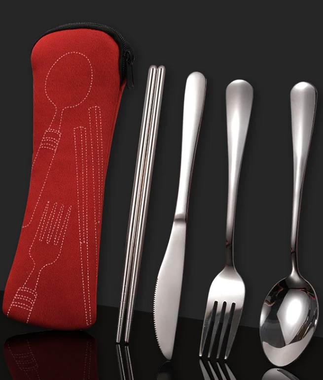 Stainless Steel Flatware Durable  304 Spoon Fork Knife With Cloth Pouch 3pcs or 4pcs Cutlery Set