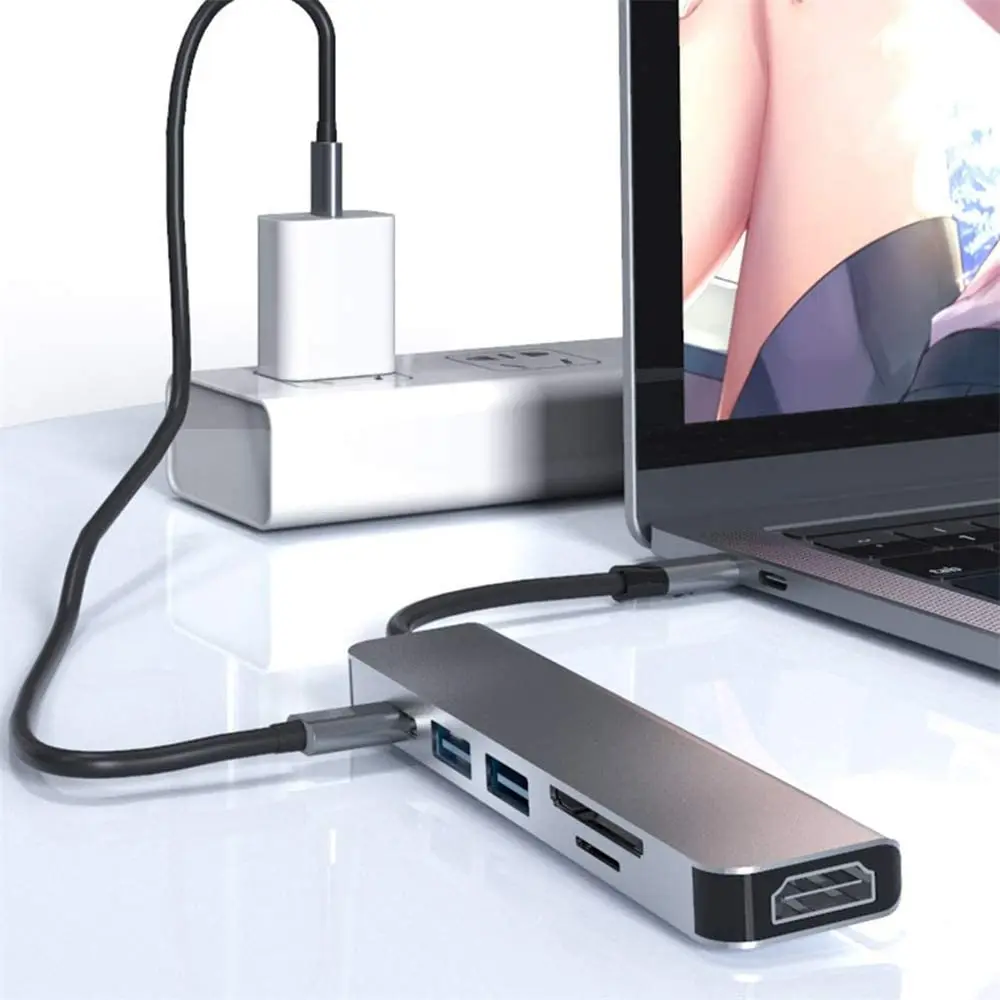 6 in 1 Type C USB C Hub 3.0 to HDMI Adapter 4K Video USB3.0 SD/TF Card Reader For PC Laptops