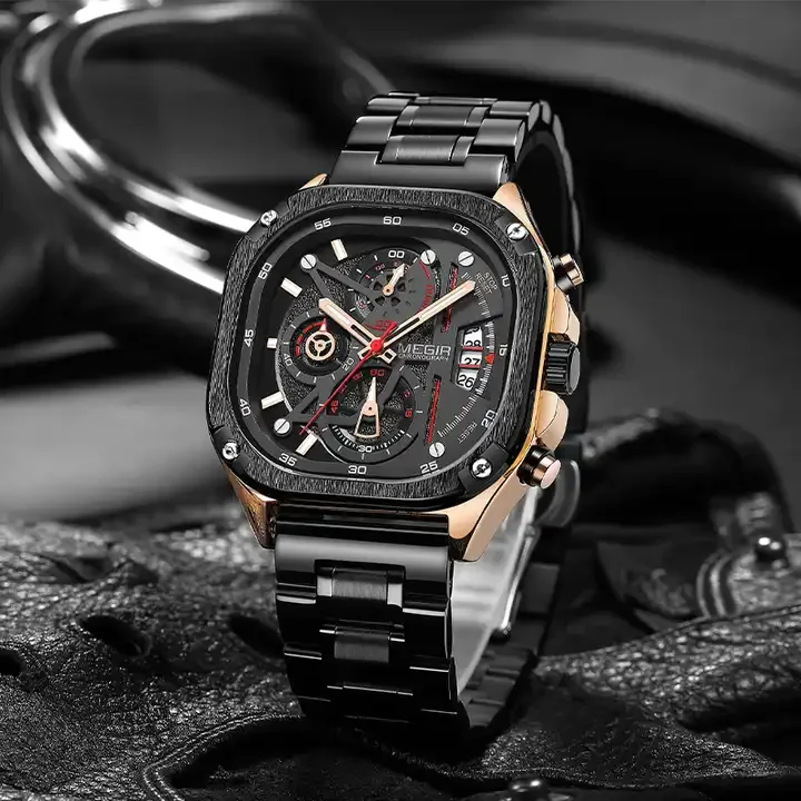 MEGIR Orologio Sportivo Uomo Al Quarzo - Cronografo, Calendario, Luminoso - Oro Rosa/blu