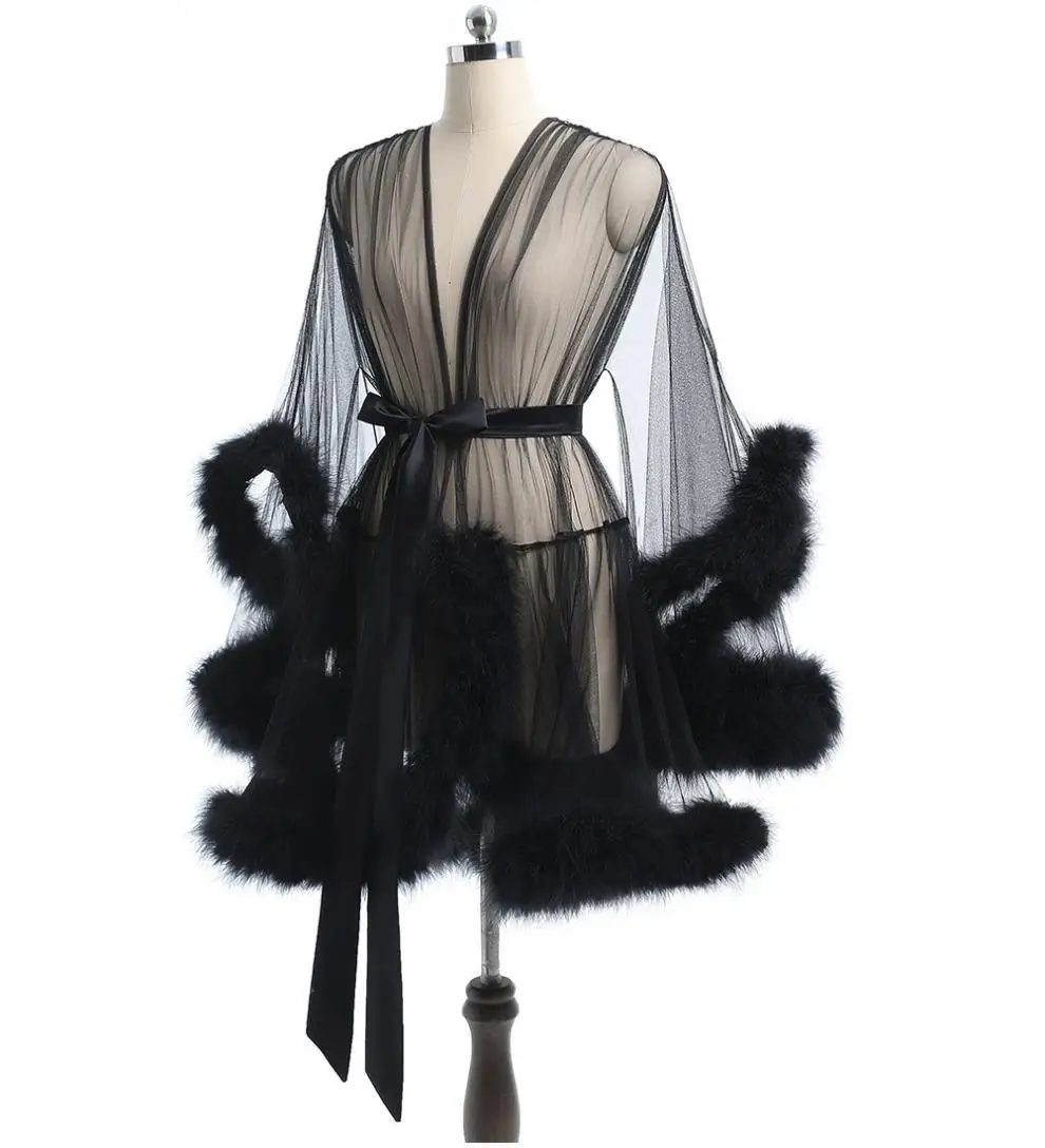 Sexy Feather Robe Seductive Mesh Perspective Sex Fur Bathrobe Passionate Waist Tightening Robe Dressing Gown