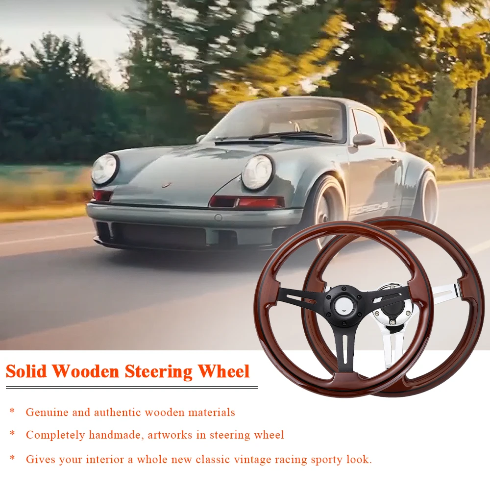 Universal 350MM 6-Hole Class Dark Wood Grip Chrome 3-Spoke Steering