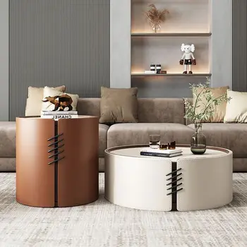 Living Room Furniture Tables Light Luxury Italian Style Saddle  Rock Slab Countertop Size Round Storage Coffee Table