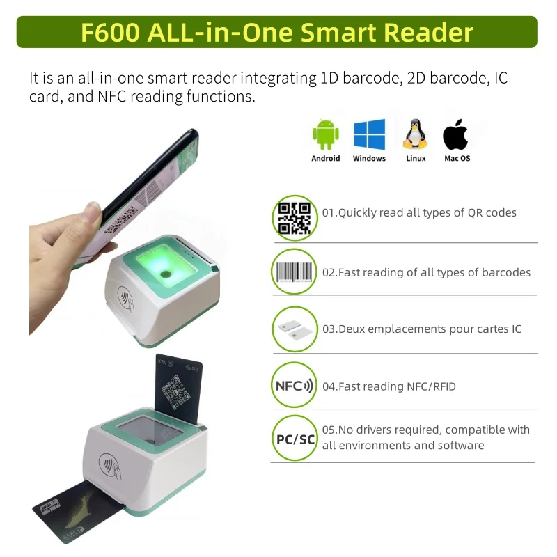 F600 1D 2D QR Code Scanner - Dual IC NFC RFID Smart Card Reader for ...