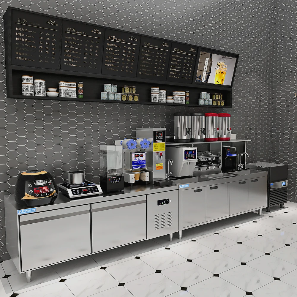 HENGZHI Factory Outlet Customizable All Set Bubble Tea Equipment Milk Tea Shop Counter Bubble Tea Counter with 3D Design Layout