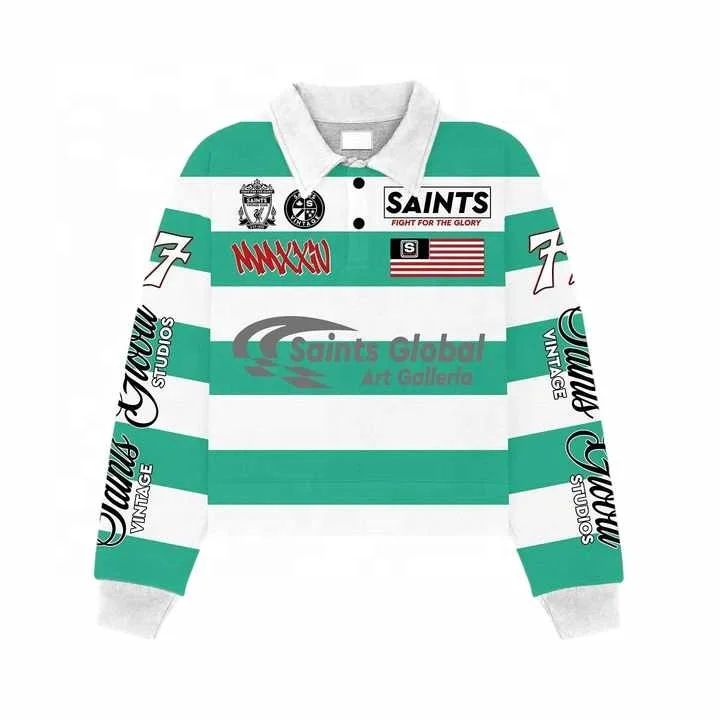 Salati Custom High Quality Logo Button up Printed Cotton Collar Sweat Stripe Vintage Long Sleeve Rugby T Shirt Men's Polo Shirts gallery 4