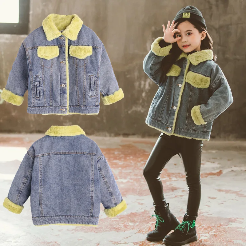 Baby Girl Denim Jacket Plus Velvet Real Fur Coat 1-5Y