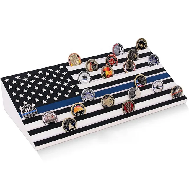 Wholesale Price Custom US The Thin Blue Line Flag Engraved Challenge Coin Display Wood Coin Holder
