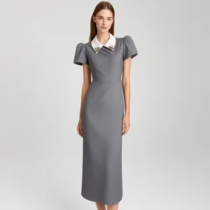 Custom Grey Midi Dress with Contrast White Collar, Puff Sleeve Elegant Workwear Dress