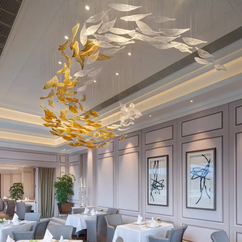 Customized Project Luxury Hall Banquet Custom Large Led Art Glass Fish Shape Chandelier