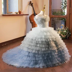 Summer Sequins Fluffy Girls' Evening Gowns Layering Big Skirt Hem Elegant Dresses for Girls