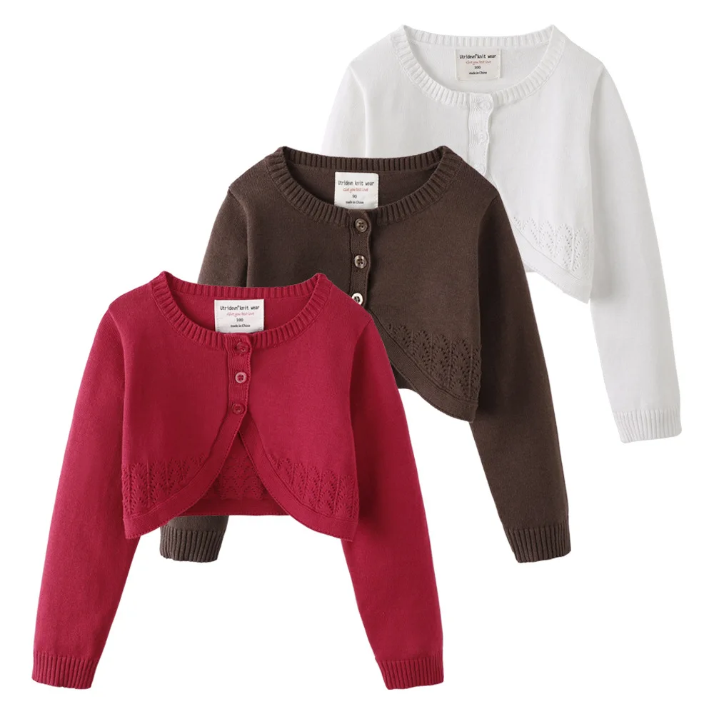 Wholesale Pure Cotton Pointelle Bolero Girl's Lace Effect Trim Knitted Cardigan Sweater Knitwear Long Sleeve Short Cardigan