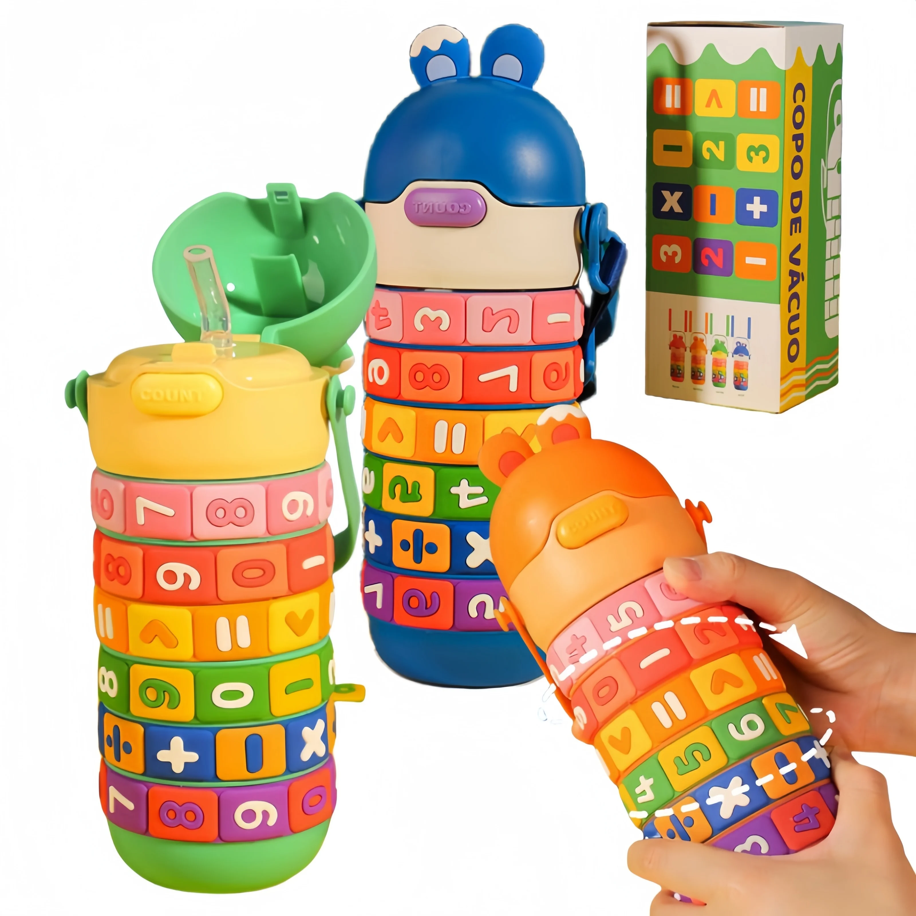 Creative Children Puzzle Insulated Cup Stainless Steel Straw Thermos Bottle with Spin Fun Arithmetic Enlightenment Rings