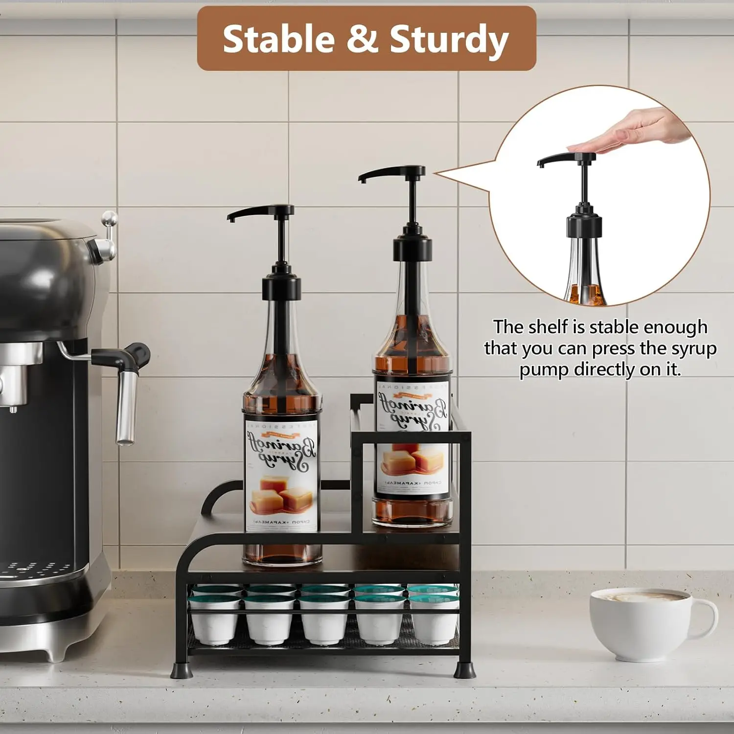 Modern 8 Bottle Coffee Syrup Rack Organizer 3-Tier 35 K Cup Storage ...