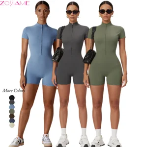 Stylish Breathable Summer Zipper-Front Short-Sleeve Snug-Fit Yoga Dance Fitness One-Piece Activewear Bodysuit for Women