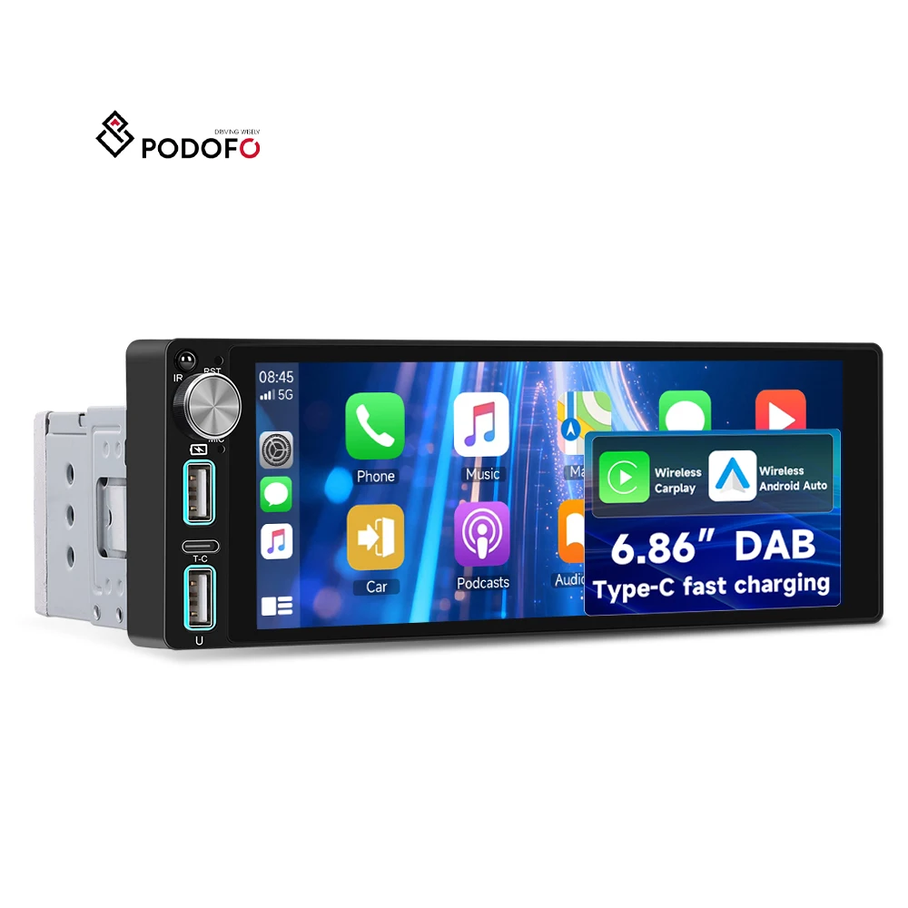 Podofo 6.86'' 1 Din Car Radio With Wireless Carplay & Android Auto BT FM DAB TYPE-C Fast Charge Car MP5 Player Autoradio ODM OEM A4613