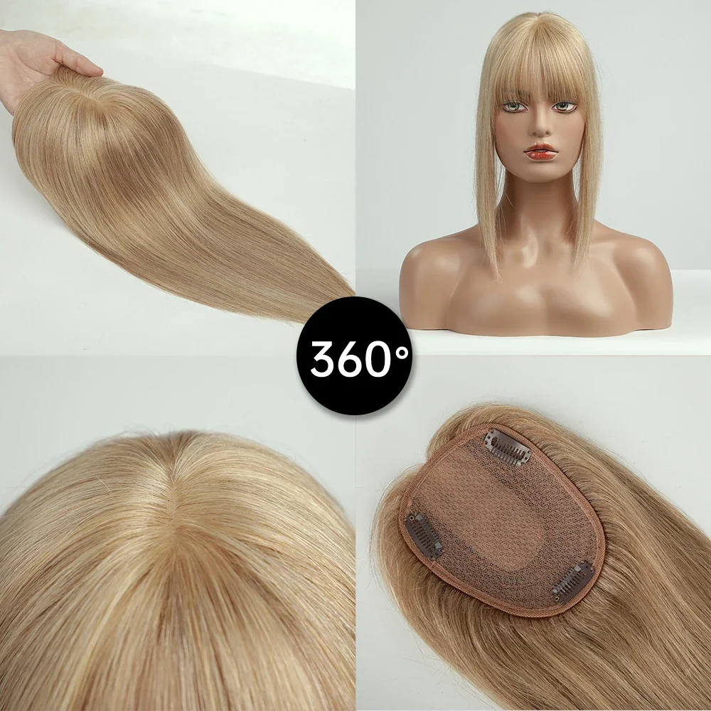 100 % remy-hårtoppere med pannelugg, honningblondt hår, silkebase, klips i topper, topphår for kvinner med tynt hår_voghion.com