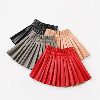 2021 new fashion children girls solid color pu leather pleated skirt girls casual style plain dye bust pleated skirt