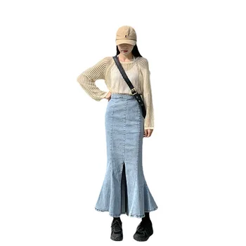 Denim split skirt women's 2022 spring new high waist mid-length hot girl black bag hip fishtail skirt