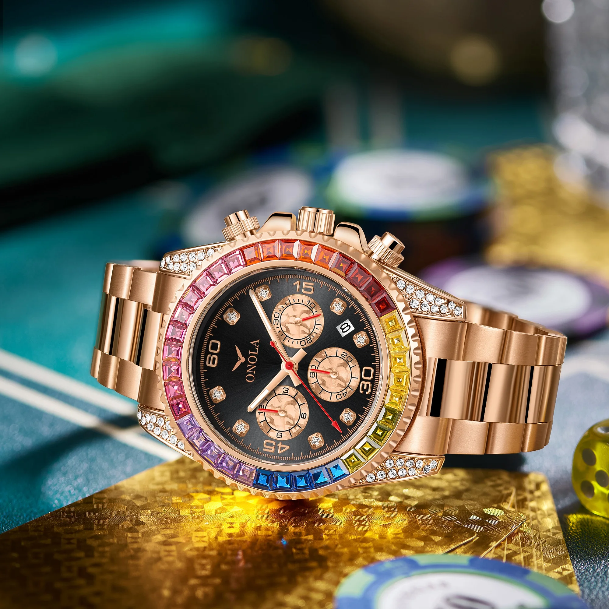 ONOLA jam tangan emas 6842G pria, arloji kasual tahan air untuk pria