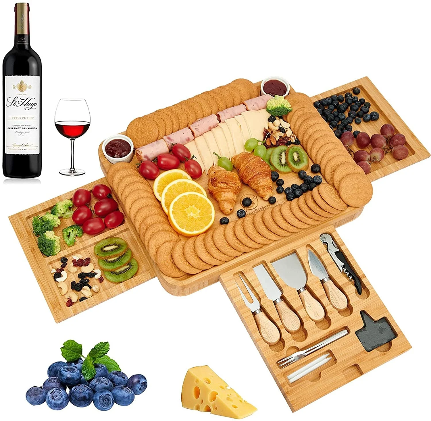 Natural Wooden Bamboo Cheese Platter Board With 3 Drawer and Knife Set Ceramic Bowls for Wine Cracker
