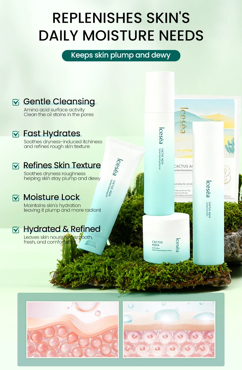 Natural Cactus Skincare Set Sodium Hyaluronate for Deep Hydration Includes Face Wash Moisturizer Soothing Repair Kit(pic2)