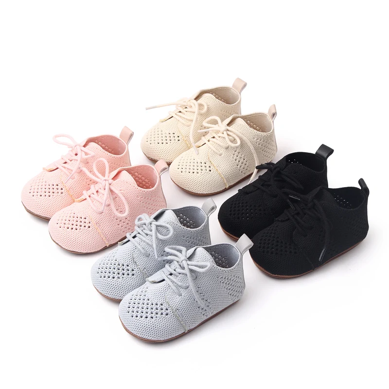 Spring and Autumn New Knitted Mesh Breathable Front Lace-up Soft Soled Baby  Walking Shoes