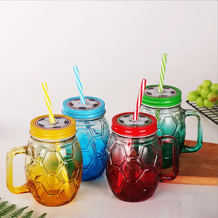 500ml Gradient Color Football Shape Water Mason Glass Jar With Handle