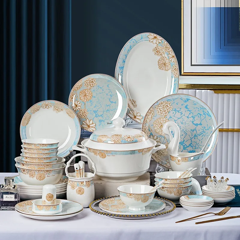 Hot Sale Bone China Dinnerware Set Luxury European Vintage Blue