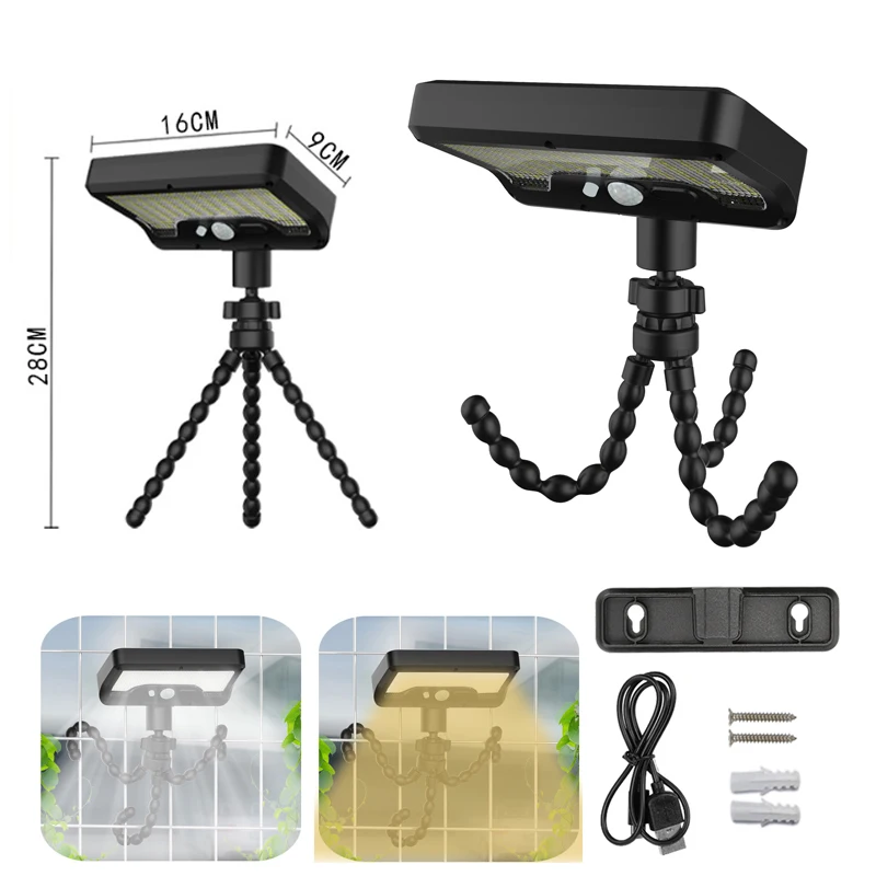 Novo design à prova d'água com suporte de polvo, 92 luzes de jardim solares LED tipo C, sensor de movimento recarregável, luzes de cerca solares LED