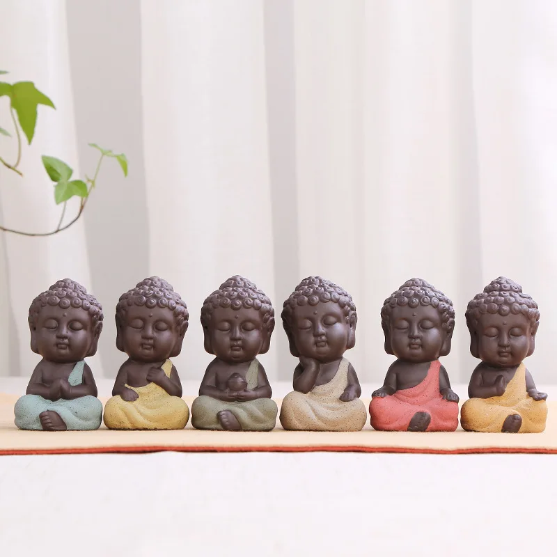 Набор из 6 керамических милых статуй Будды с орнаментом монахи для украшения дома