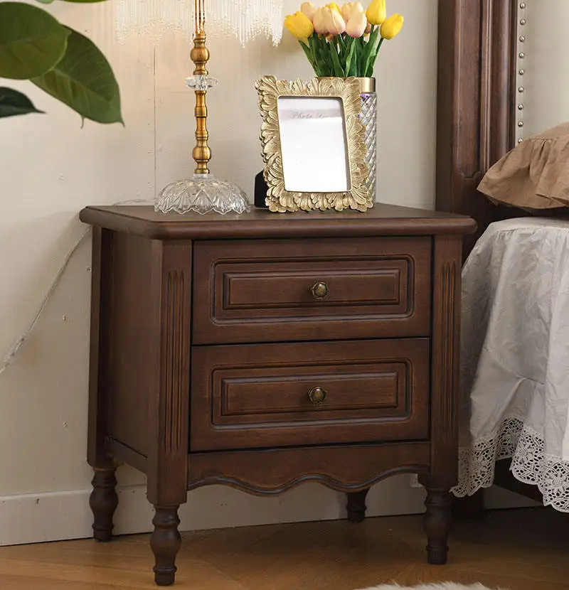 2-Drawer Bedside Table Solid Rubber Wood Nightstand Small Wooden Side End Table Sturdy and Durable Antique Style Night Stand