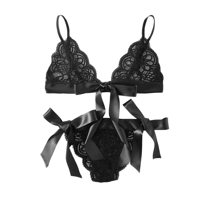 Two-Piece Lace Underwire Bra Panty Set XL Size Transparent Sexy - Main Image