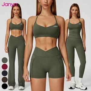 Janya New Breathable Sports Wear Quick Dry Gym Fitness Clothing 2 Piece Sets Women's Sports Bra Cross Waist Yoga Leggings Set