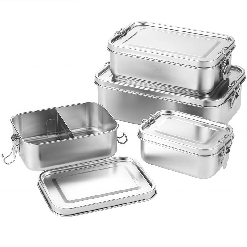 CUstom Thickened Stainless Steel Lunch Box Single Tier Bento Box with Removable Divider & Double Buckle Lid for Office Students