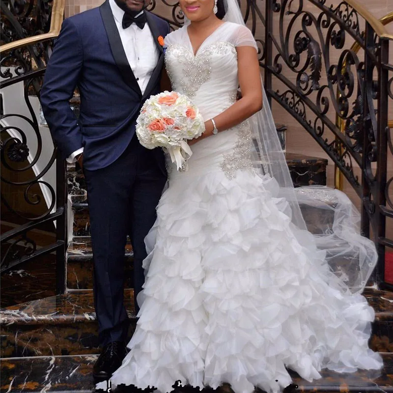 FA236 African Mermaid Wedding Dresses for Women Puffy Skirt V Neck