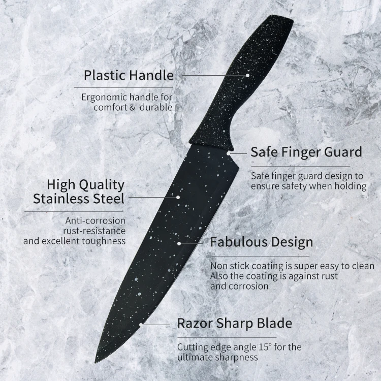 Wholesale Multifunctional Chef Knife Set Stainless Steel 6 PCS Non-stick Coated Kitchen Knife Set with Plastic Sheath