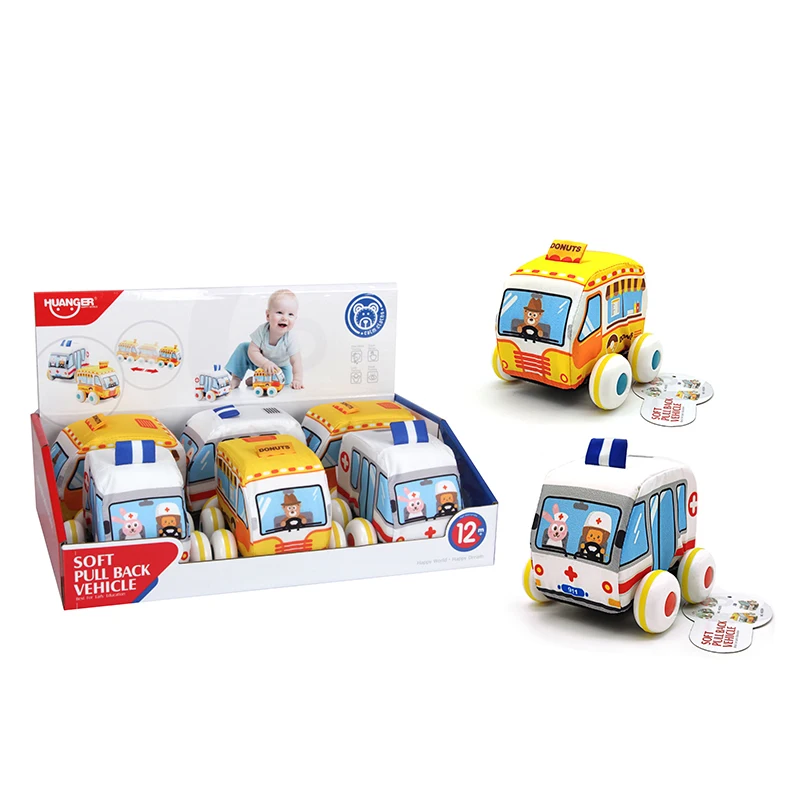 Huanger OEM 6 pcs Soft Cloth Pull Back Car Plush Toy Ambulance Bus Vehicle Set Baby Soft Toy Car