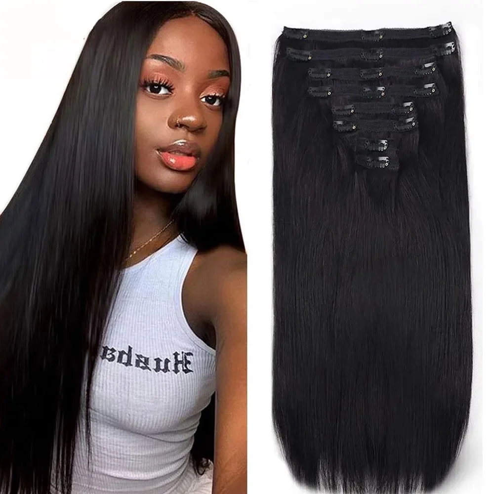 Natürliche, glatte Clip-in-Haarverlängerungen, Echthaar, 100 % Echthaar, unsichtbar, nahtlos, Remy-Clip-on-Haarverlängerungen_voghion.com