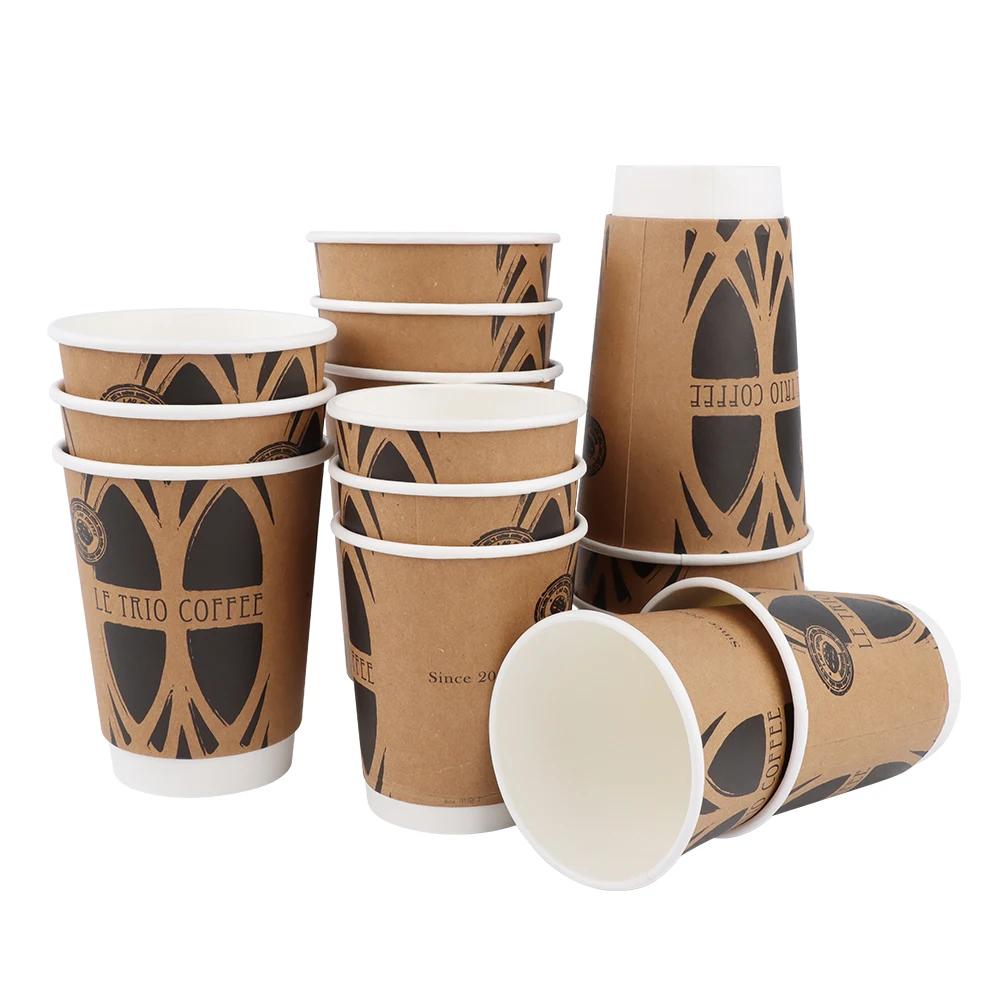 Custom Logo Cafe Milk Tea Shop Paper Cups 6oz 8oz 12oz Brown Kraft Single & Double Wall Craft Paper for Hot Coffee