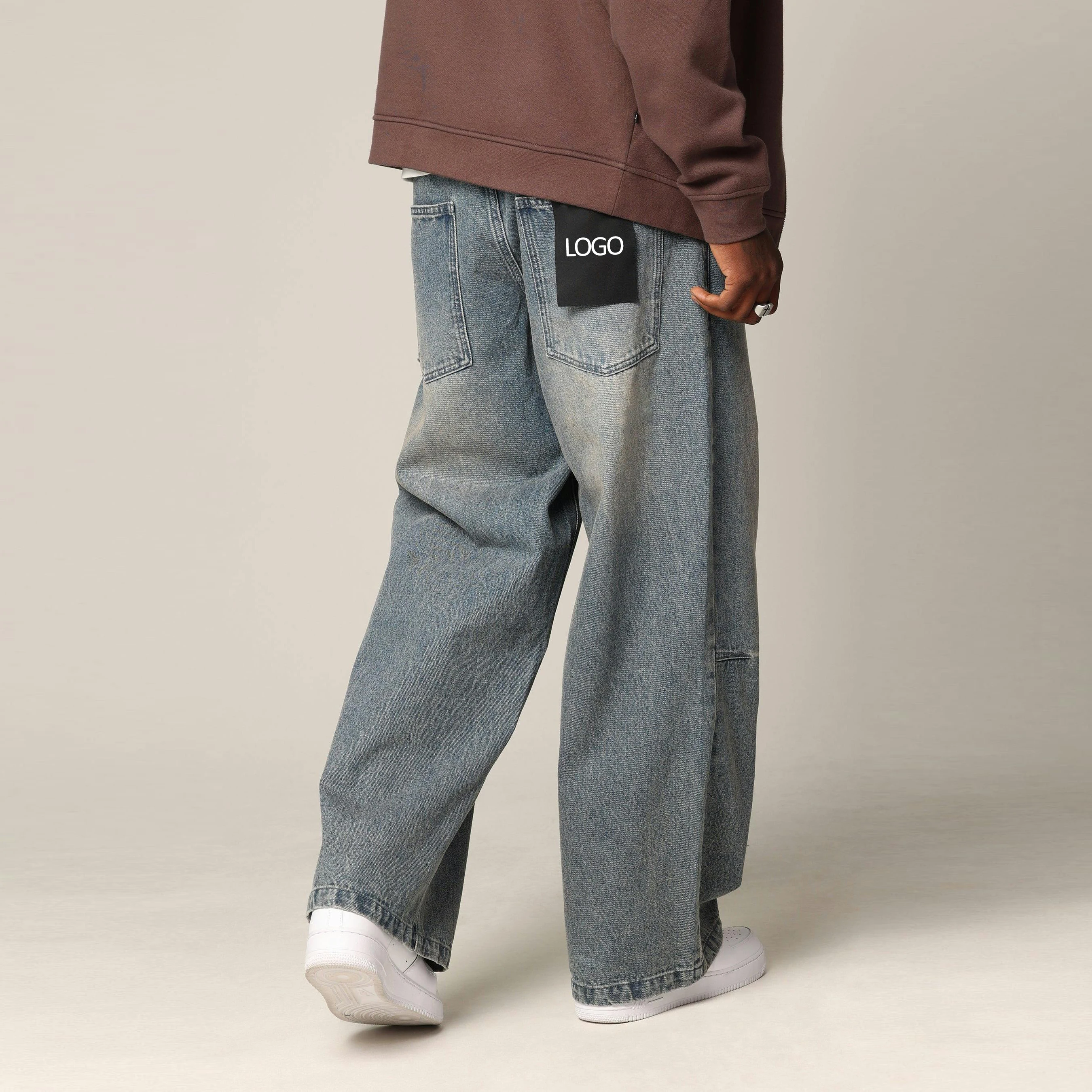 Shop Trendy Pleated Knee Baggy Denim Jeans with Custom Logo FIFTH Pleated Knee Loose Fit Baggy Pants