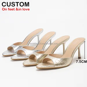 Sexy Open Toe Breathable Stone Pattern Gold Fashion Heeled Slipper Sandals for Lady Summer Party Dress Sandals