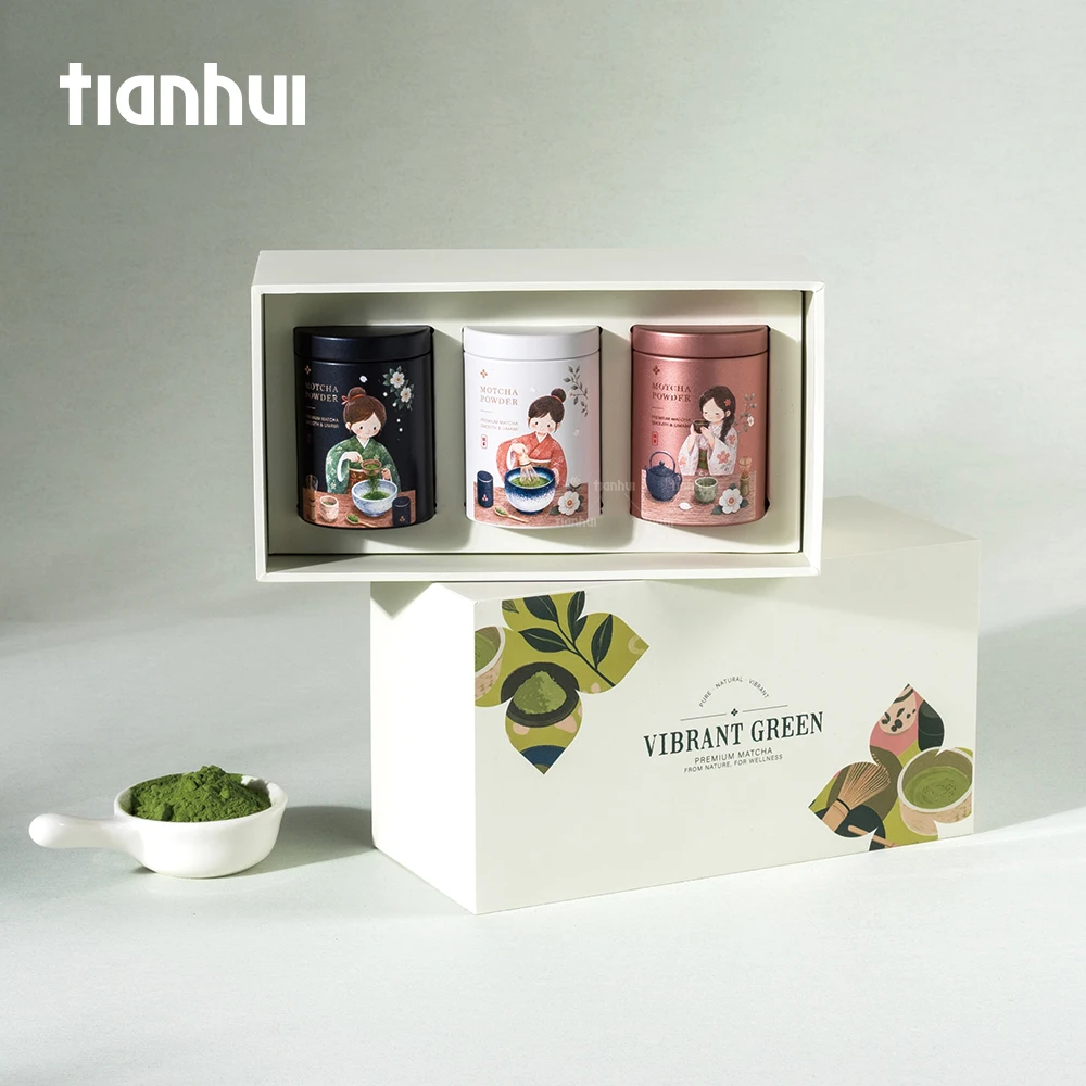 Caixes rígides de paper reciclat Tianhui amb petites llaunes de matcha personalitzades per a l’embalatge de jocs de regals de matcha