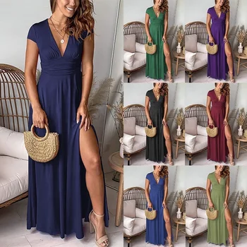 Women's deep V-neck short sleeve long skirt pleated with high waist split club party evening dress solid color dress