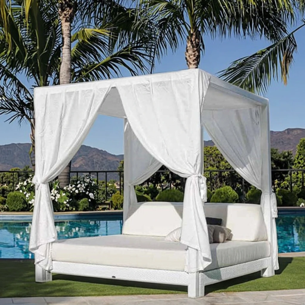 2025 New Style Modern Queen Size Outdoor Wicker Day Bed Frame with Canopy Daybeys Patio Rattan Garden Furniture for Hotels Pools