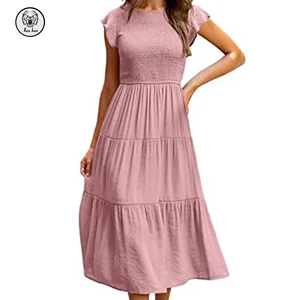 2026 Women's Modest Bohemian Midi Dress Smocked Bodice Tiered Flowy Ruffle Sleeve Solid Color Summer Sundress
