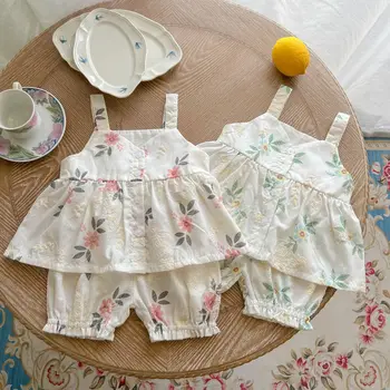 Ins Girls' summer suits flower embroidered strap shorts two-piece suit baby girl summer dress Western style split suit