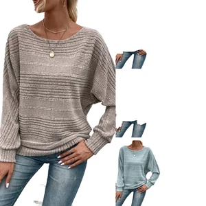 European and American Women's Casual Solid Color Long Sleeved Round Neck Knitted Pullover Sweater Comfortable Spliced Design