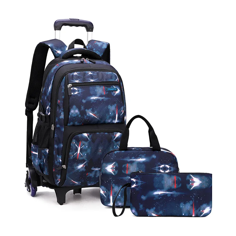 Large Capacity Middle School Three-Piece Set Pull-Pole Stair Climbing Wheels Practical School Bag for Students