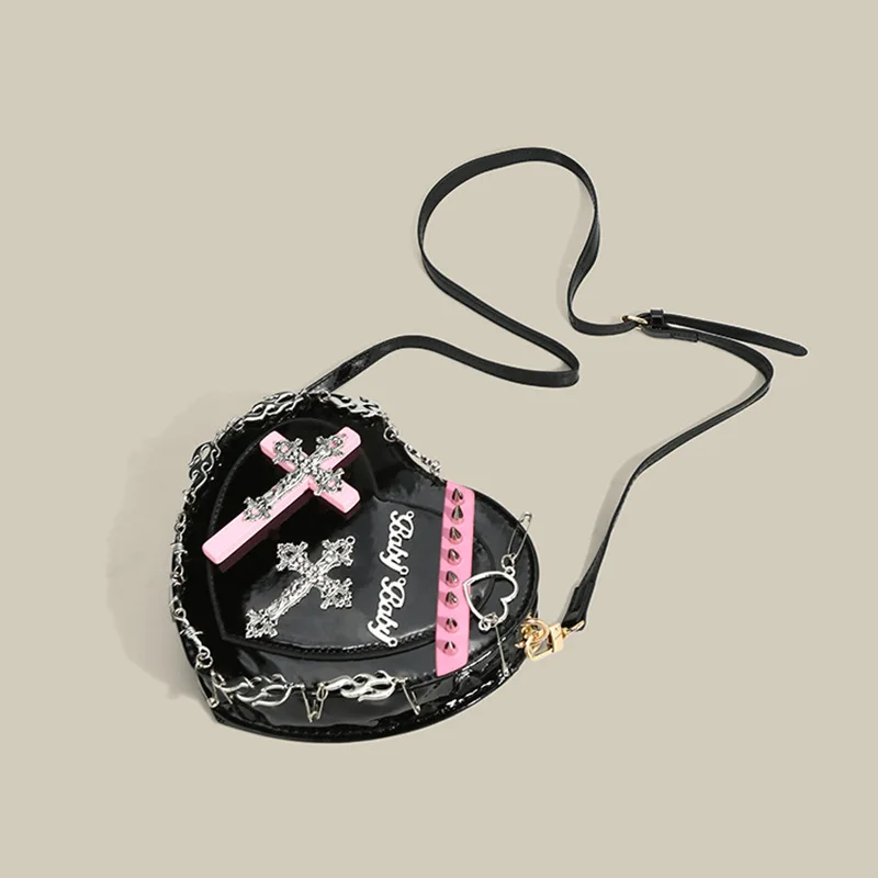 Gothic style women's purse new dark heart-shaped bag rivets punk shoulder bags Heart Shape Goth Purse Y2K Bags